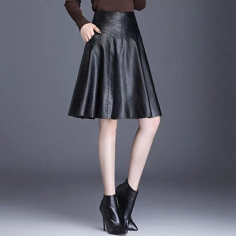 PU Leather Skirt Women's A- line Large-Size Knee-Length High-Waist Pleated Skirt Woman Skirts Mujer Faldas Saias Mulher cashmere skirt plush