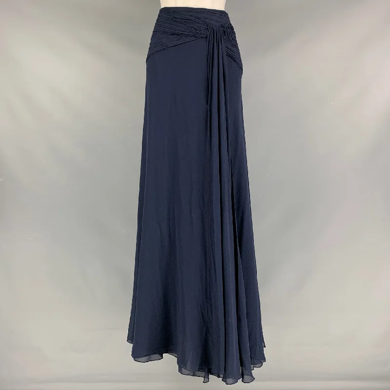 RALPH LAUREN Size 6 Navy Silk Solid Slits Long Skirt belted skirt waist