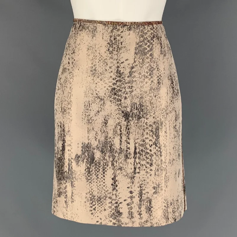 REED KRAKOFF Size 6 Pink & Silver Marbled Silk / Viscose Pencil Skirt ruffled skirt detail