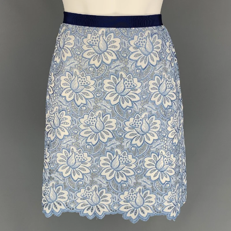 SACAI LUCK Size 2 Blue & White Floral Lace Cotton A-line Skirt lace skirt romantic