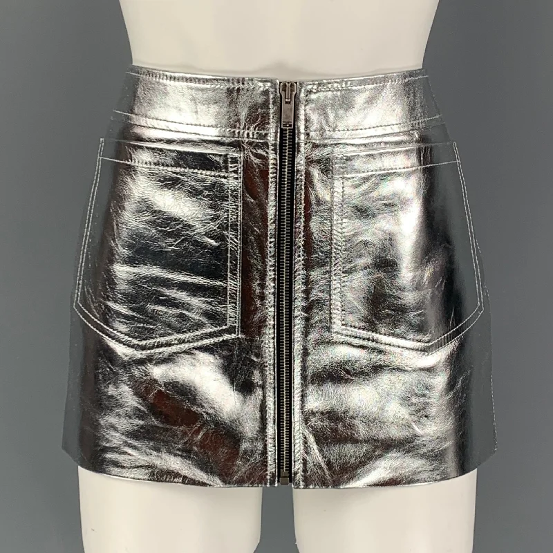 SAINT LAURENT 2022 Size 4 Silver Leather High Waist Mini Skirt floral skirt print