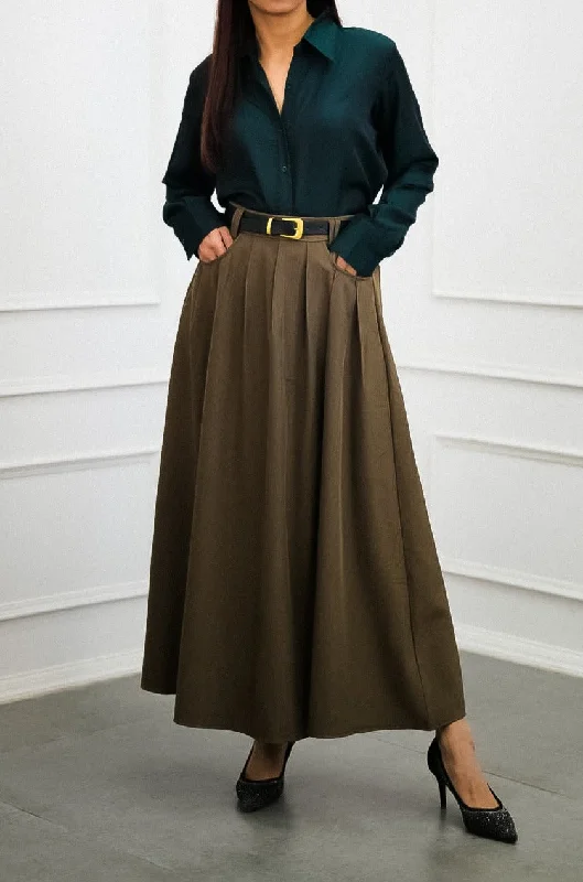 Sepia Long Pleated Skirt with Belt leather skirt durable