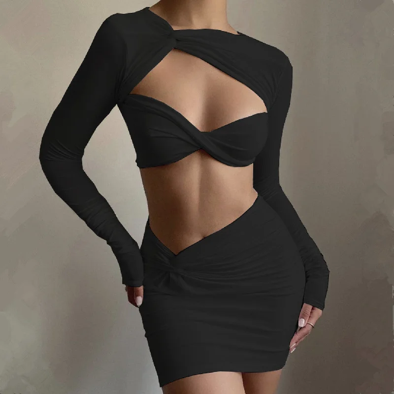 Sexy Midriff Long-sleeved Skirt Two-piece Spice Outfit elastic waist skirt