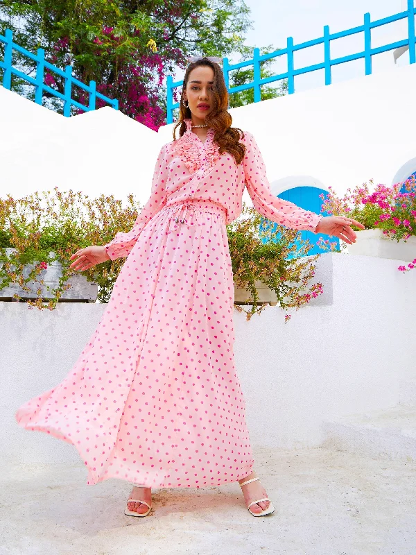 Women Pink Polka Dot Pleated Shirt With Maxi Skirt boho skirt vibe