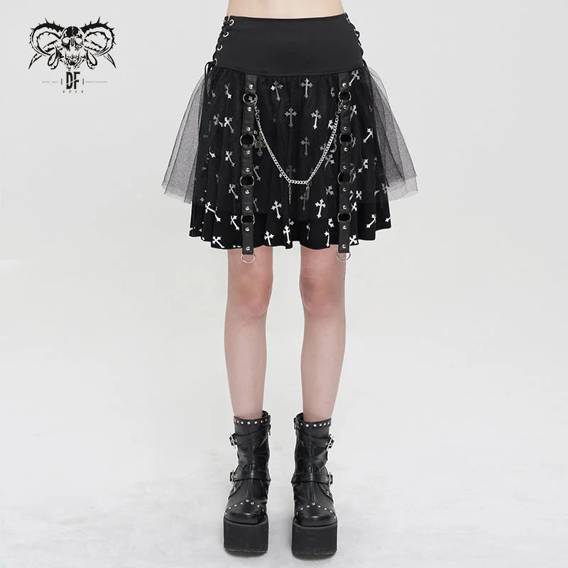 SKT15702 punk women black and white cross printed skirt lightweight skirt design