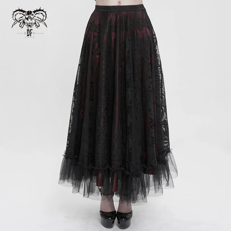 SKT160 Gothic Lace big Swing Black and Red Women's Skirt silk skirt lustrous