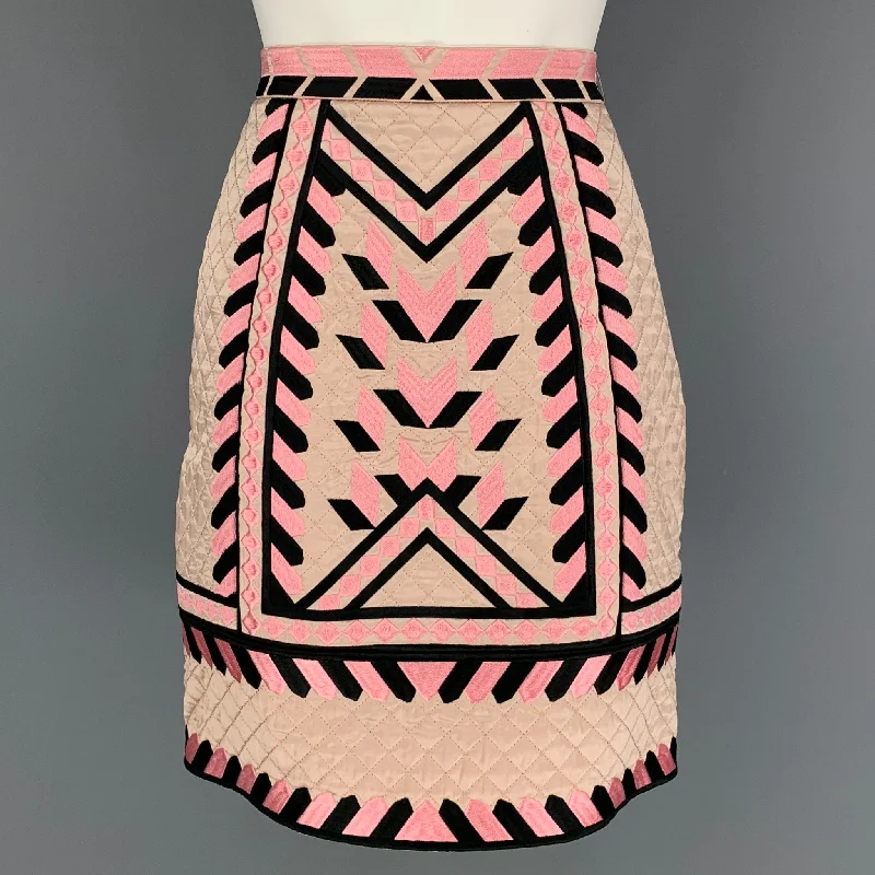 TEMPERLEY Size 2 Pink Black Quilted Silk A-Line Skirt low waist skirt