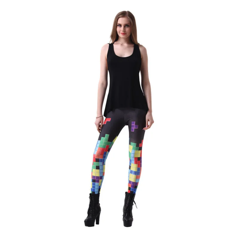 Tetris Print Women Fitness Sports Leggings Fashionable Embroidered Detail Leggings