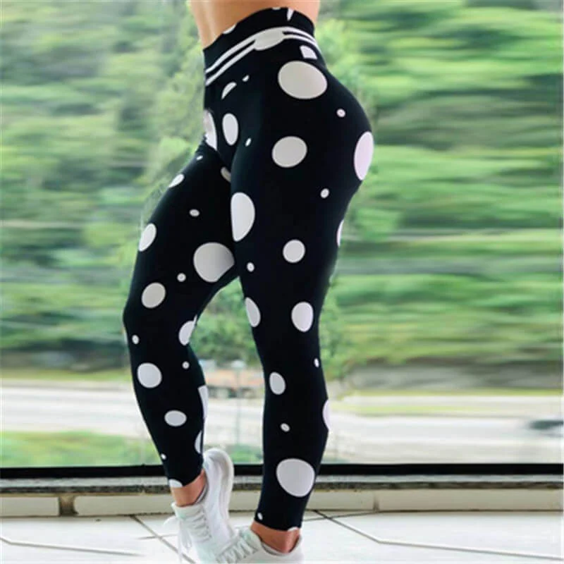 Women Classic Polka Dot Printed High-Waisted Yoga Leggings Trendy Color Block Leggings