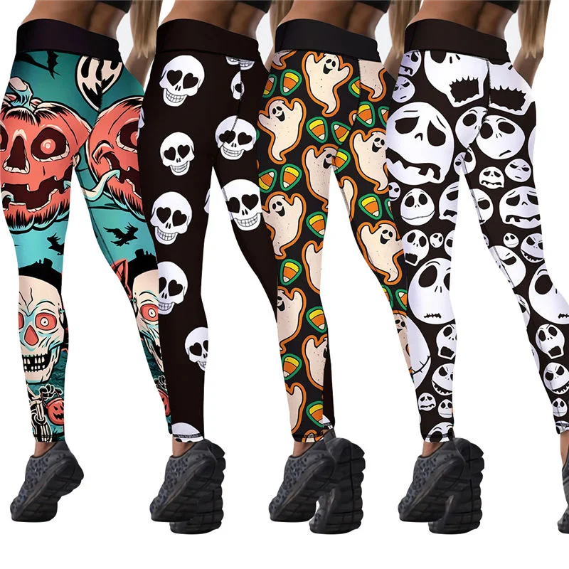 Women Halloween Fashion Cartoon Print Yoga Leggings Trendy Mesh Leggings