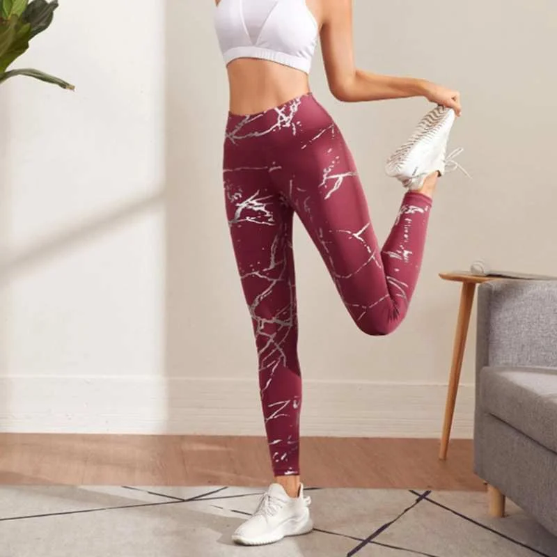 Women Leisure Marble Pattern Yoga Leggings Casual Black Leggings