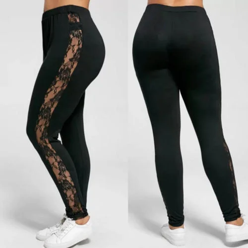 Women Plus Size Sexy Mesh Lace Patchwork Solid Color See-Through Leggings Fashionable High-Rise Leggings