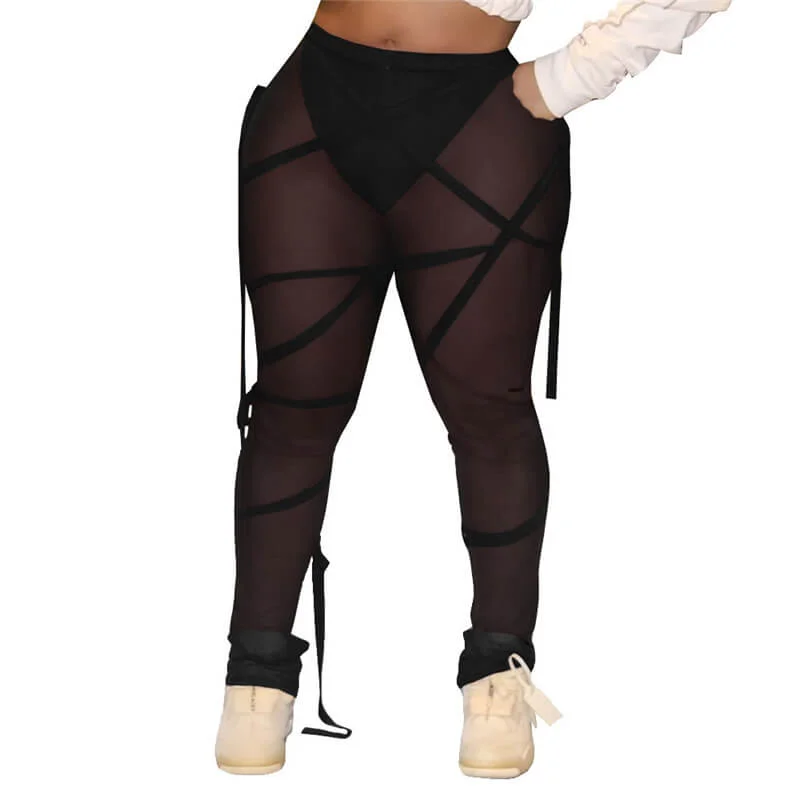 Women Sexy See-Through Mesh Bandage Leggings Stylish Winter-Ready Leggings