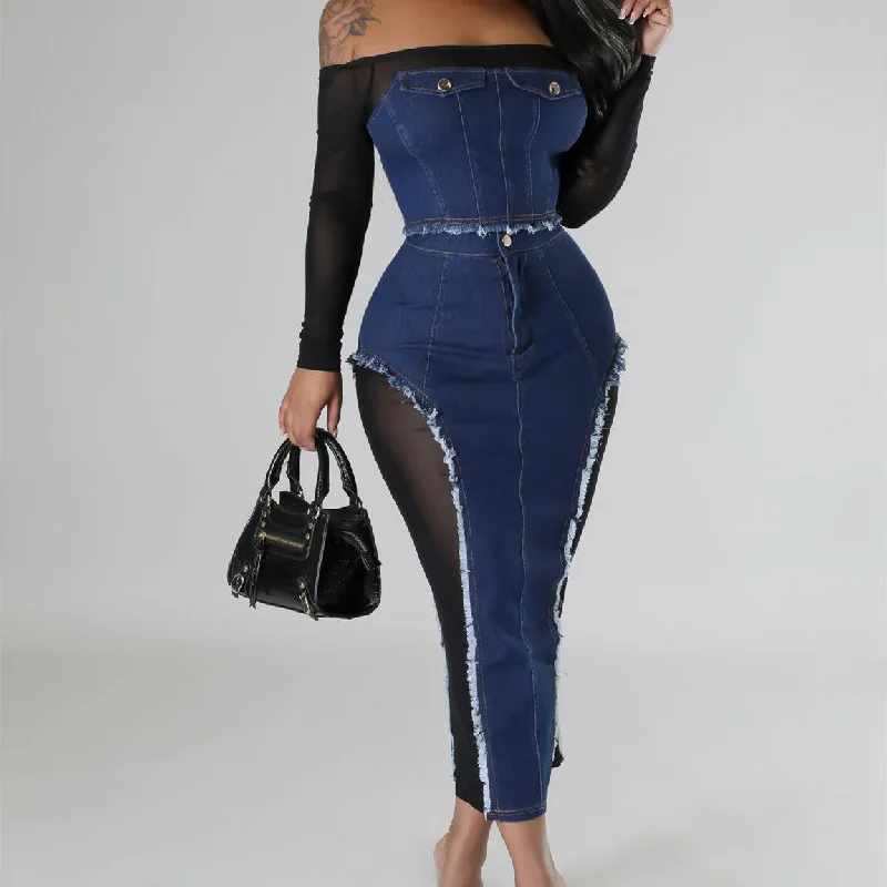 Women's Fashion Mesh Denim Stitching See-through Tube Top Skirt Two-piece Set corduroy skirt cozy