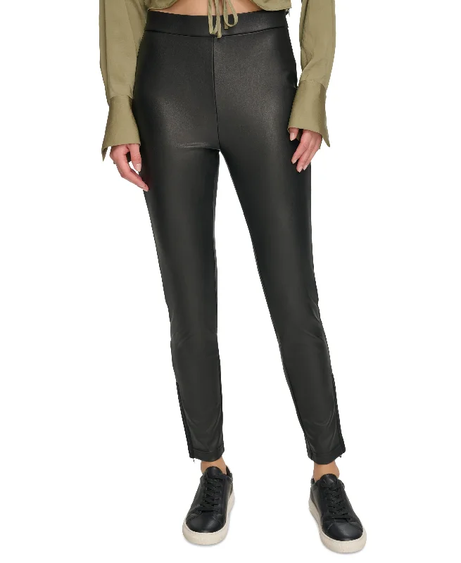 Women's Faux-Leather Ankle-Zip Leggings Trendy Foil Finish Leggings