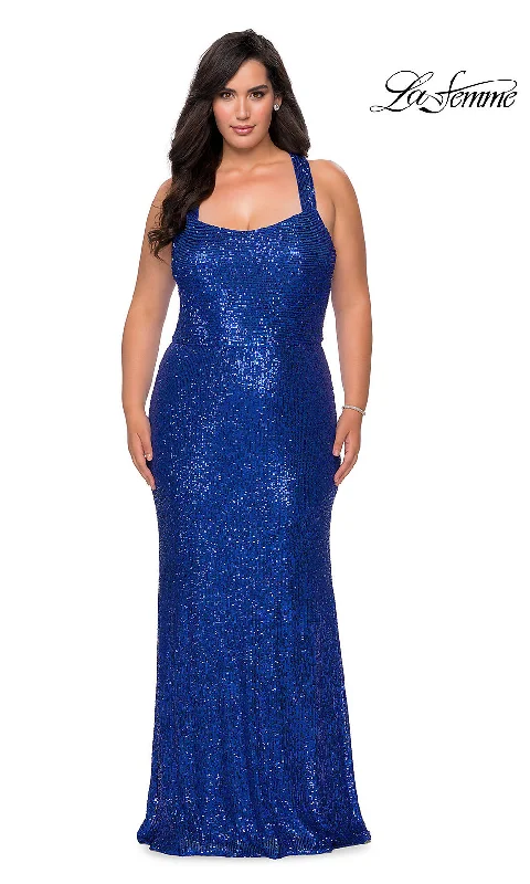 La Femme Plus-Size Sequin X-Back Long Prom Dress