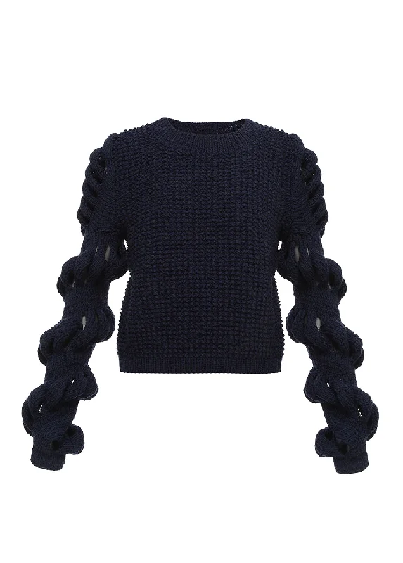 HAND KNITTED BLUE SWEATER Denim Fabric Leather Fabric Suede Fabric