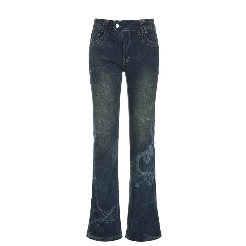 Abstract contrast low rise flared jeans Chic Faded Blue Jeans