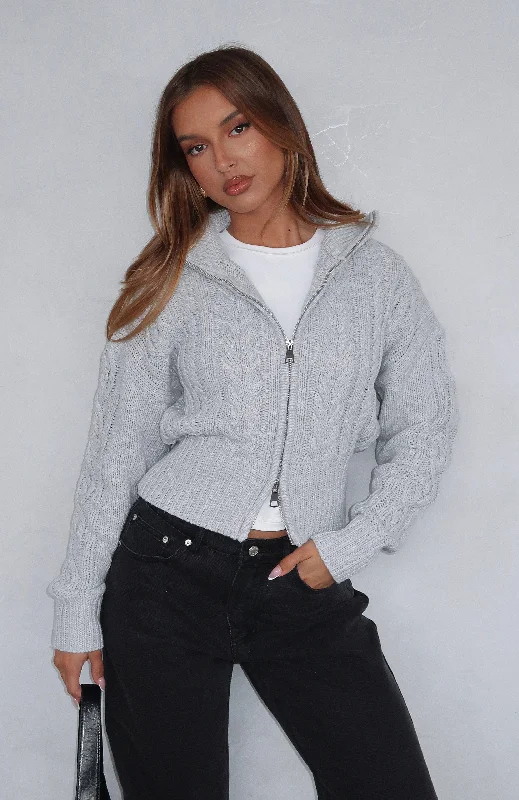 All At Once Zip Front Knit Sweater Grey Marle Fleece Sweater Nylon Polyester