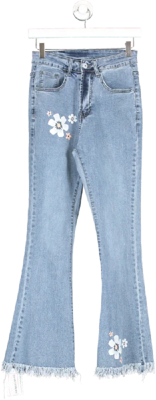 Blue Frayed Hem Flared Flower Detail Jeans UK S Trendy Flared Leg Jeans