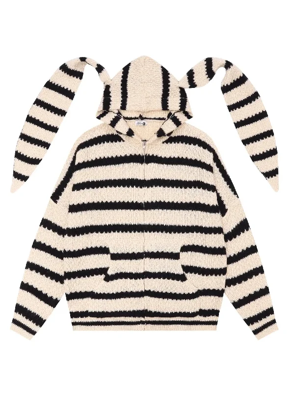 'Bunny Ear' Retro Striped Hooded Knitted Sweater Thin Thick Dense