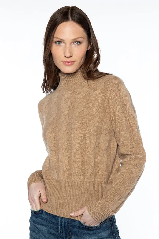 Kinross Cable Mock Cashmere Sweater in Camel Mesh Blend Leather Blend Suede Blend