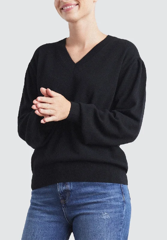 Cashmere V Neck Sweater | Black Seamless Knitted Crochet