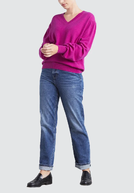 Cashmere V Neck Sweater | Magenta Denim Fabric Leather Fabric Suede Fabric