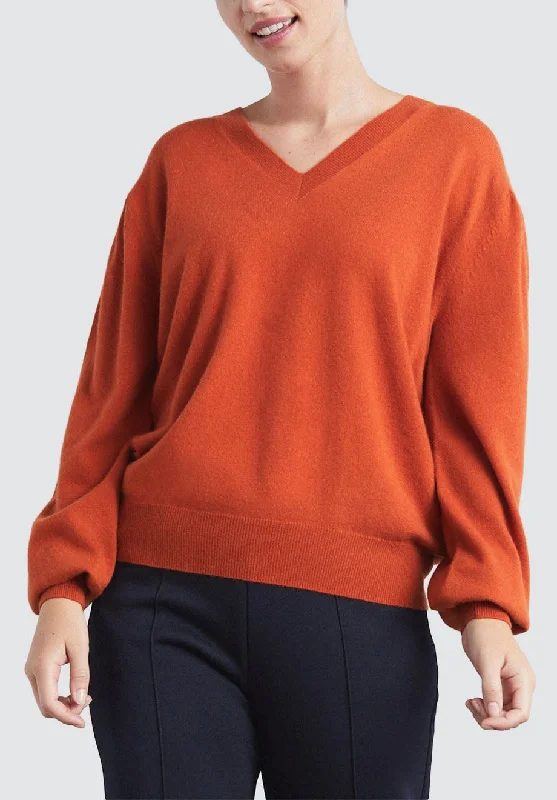 Cashmere V Neck Sweater | Orange Houndstooth Herringbone Solid