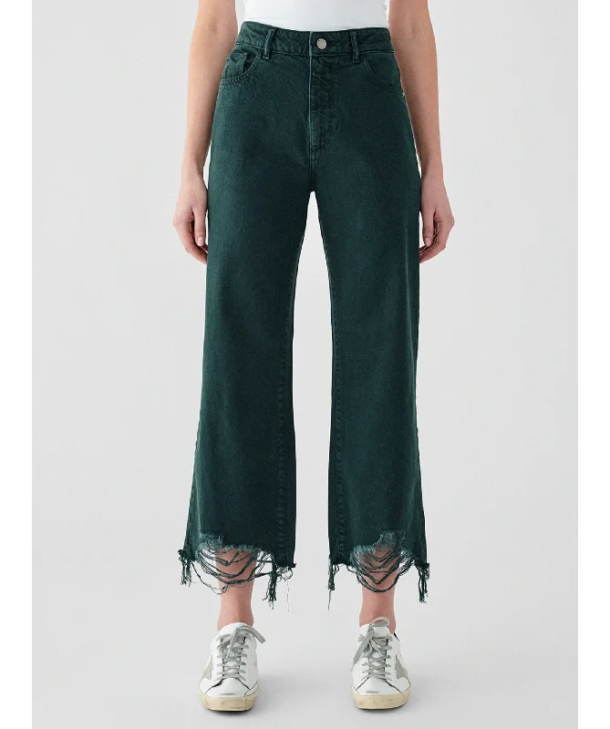 DL1961 HEPBURN GREEN HIGH RISE WIDE LEG DISTRESSED HEM JEANS W26 Casual Straight-Leg Jeans