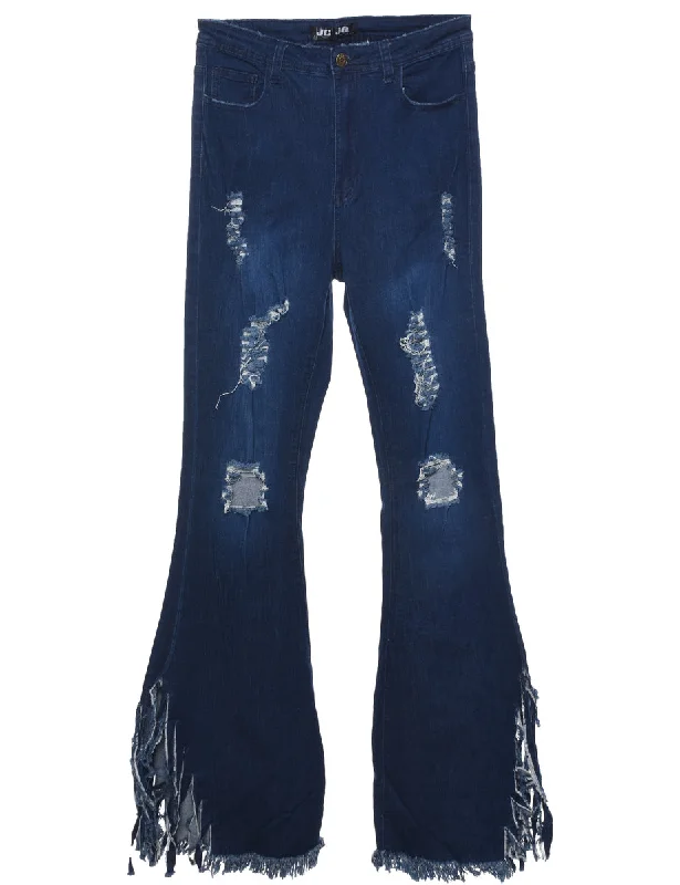 Frayed Hem Indigo Jeans - W28 L34 Elegant High-Waisted Flared Jeans