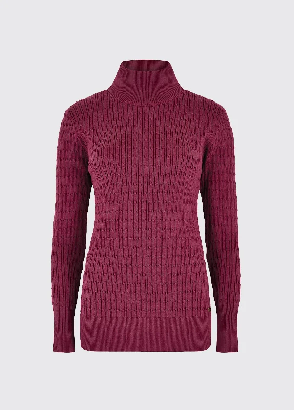 Hacketstown Funnel Neck Sweater - Currant Ribbed Striped Patterned