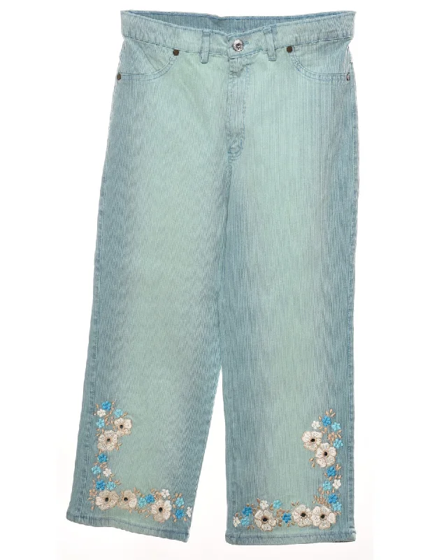 Light Wash 1990s Floral Embroidered Jeans - W30 L24 Comfortable Zip-Up Skinny Jeans