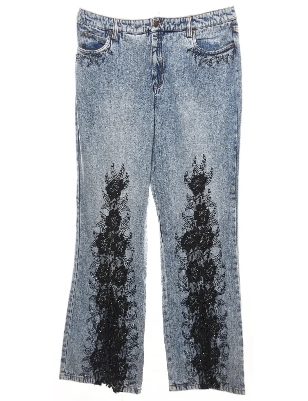 Light Wash Beaded Y2K Patterned Jeans - W36 L30 Fashionable Bootcut Jeans