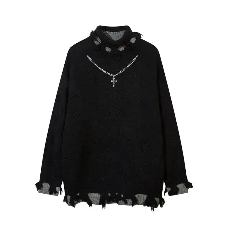 'Obscura' oversize ripped knitted sweater Hooded Sweater Collared Sweater Shawl Collar