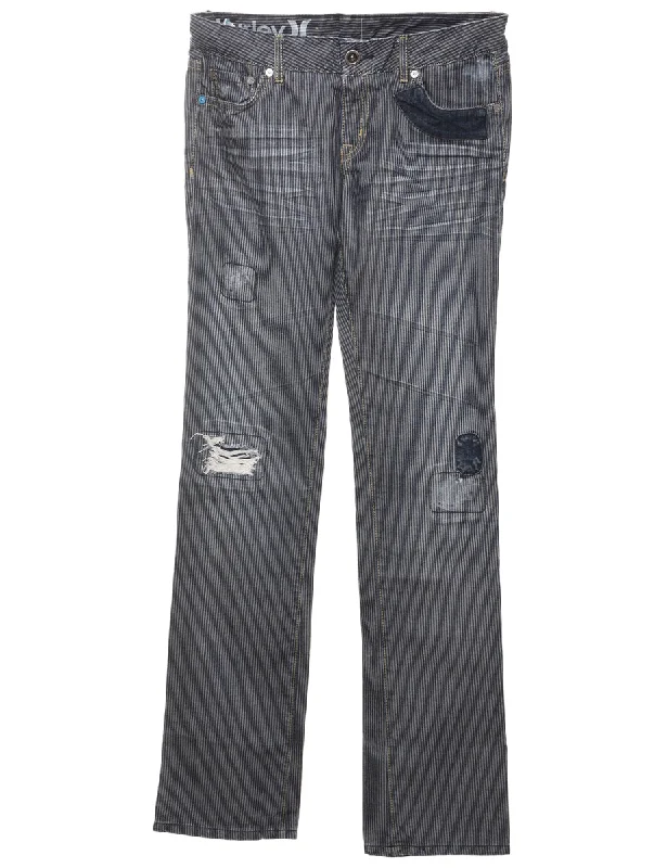 Pinstripes Straight Fit Jeans - W28 L34 Trendy Patchwork Denim Jeans