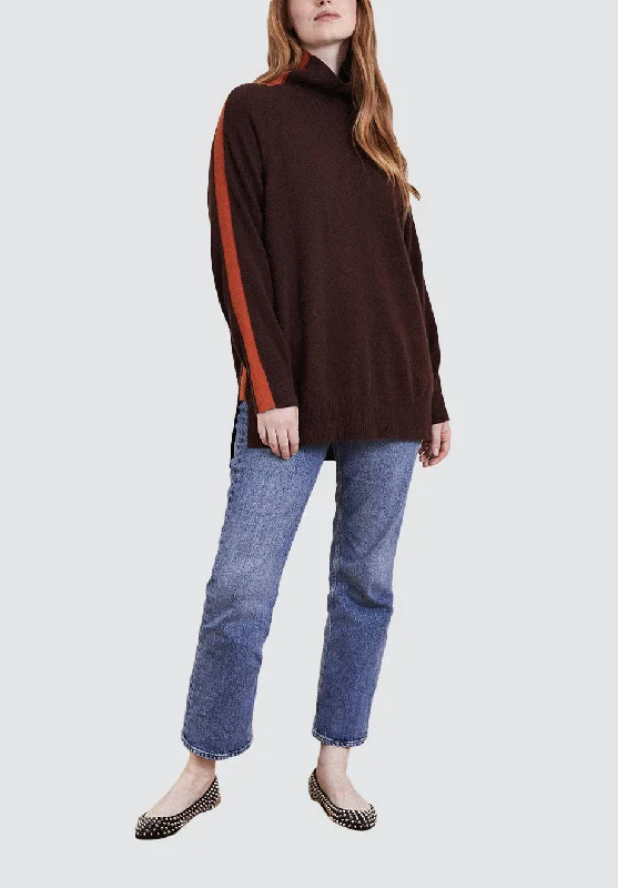 Polo Neck Cashmere Sweater | Chocolate/Orange Iron Safe Non-Iron Wrinkle Free