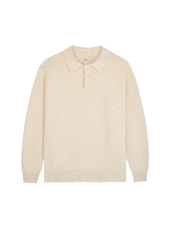 Womens Recycled Cashmere Polo Sweater—ecru ivory Solid Color Striped Floral Print