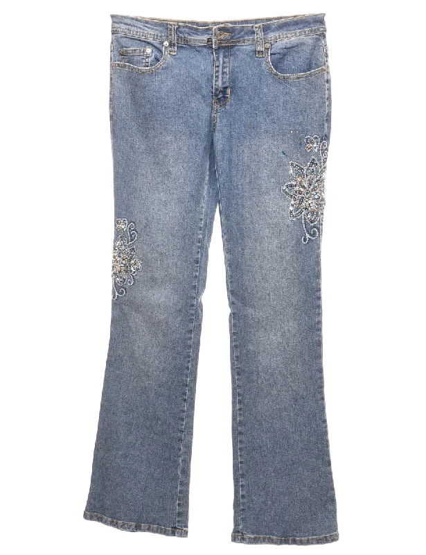 Sequined Floral Light Wash Flared Y2K Jeans - W31 L33 Comfortable Distressed Straight-Leg Jeans