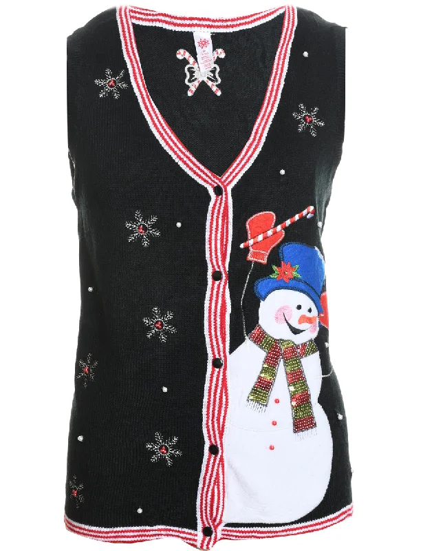 Snowman Design Black Knit Christmas Sweater Vest - M Polka Dot Checkered Tartan