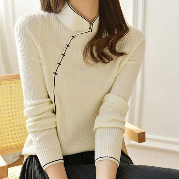 Stand Collar Knit Sweater with Button Closure Flattering Fit Versatile Design Front Pockets Side Pockets Patch Pockets