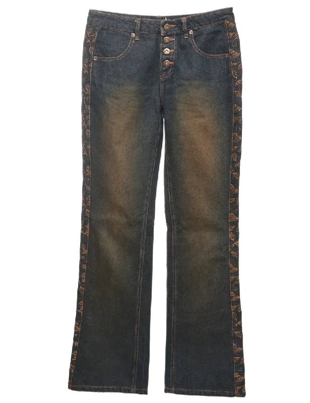 Stretchy Embroidered Bootcut Jeans - W30 L33 Comfortable Straight-Legged Denim