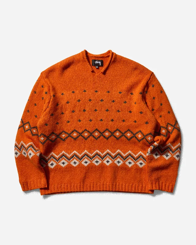 Men's Roll Neck Fairisle Sweater Orange Iron Safe Non-Iron Wrinkle Free