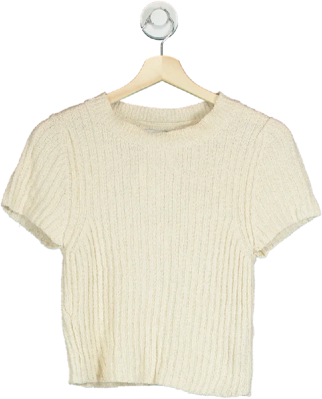 Topshop Beige Ribbed Short Sleeve Sweater UK S Satin Blend Silk Blend Wool Blend