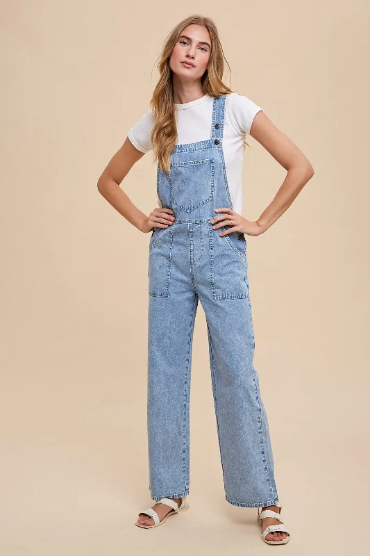 Light Denim Soft Mineral Wash Straight Wide Leg Overall Jeans Comfortable Faded High-Rise Jeans