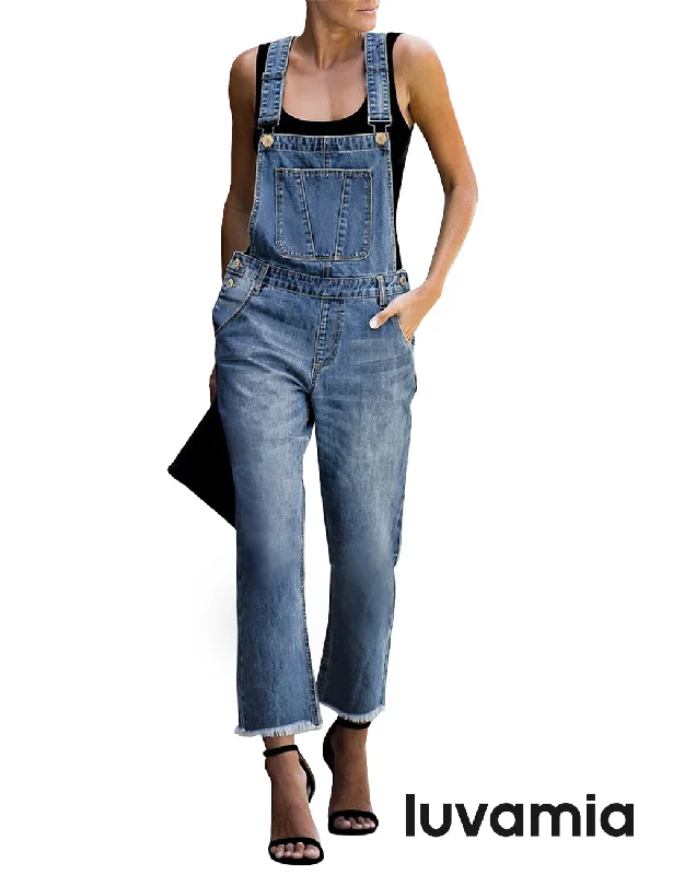 luvamia Women's Casual Stretch Adjustable Denim Bib Overalls Jeans Pants Jumpsuits Fashionable Frayed Hem Denim