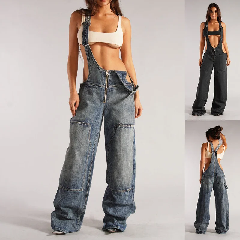 Y2K Denim Overalls With Pockets Fashion Loose Jumpsuit Streetwear Zipper Jeans Pants Womens Clothing Fashionable Raw Hemmed Jeans