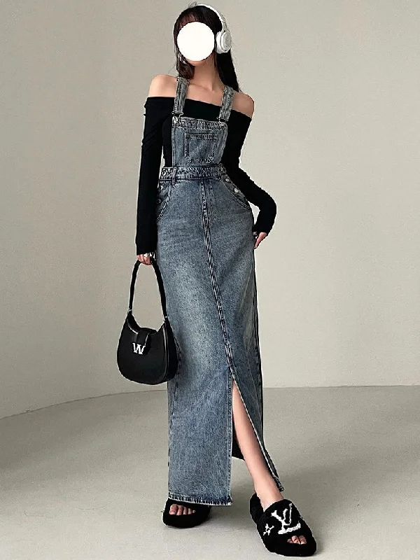 Georgina Blue Jeans Long Overall Denim Dress Casual Straight-Leg Jeans