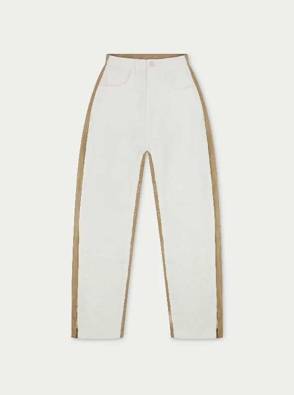 PU SPLICED DENIM JEANS - OFF WHITE/BEIGE Elegant Wide-Leg Jeans